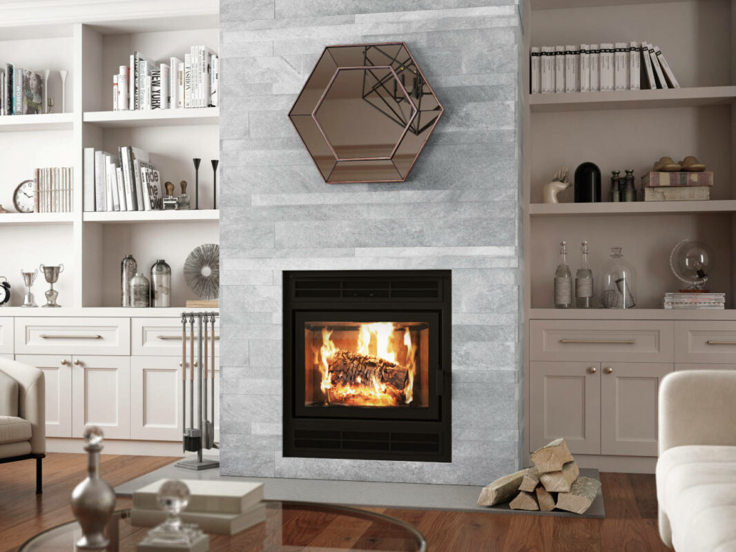 Elegance® 40 Built-in Wood Burning Fireplace in a living room.