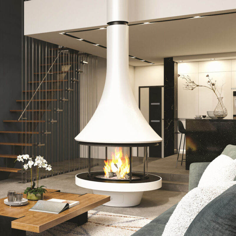 White JC Bordelet Eva Luxury Suspended Fireplace in living room.