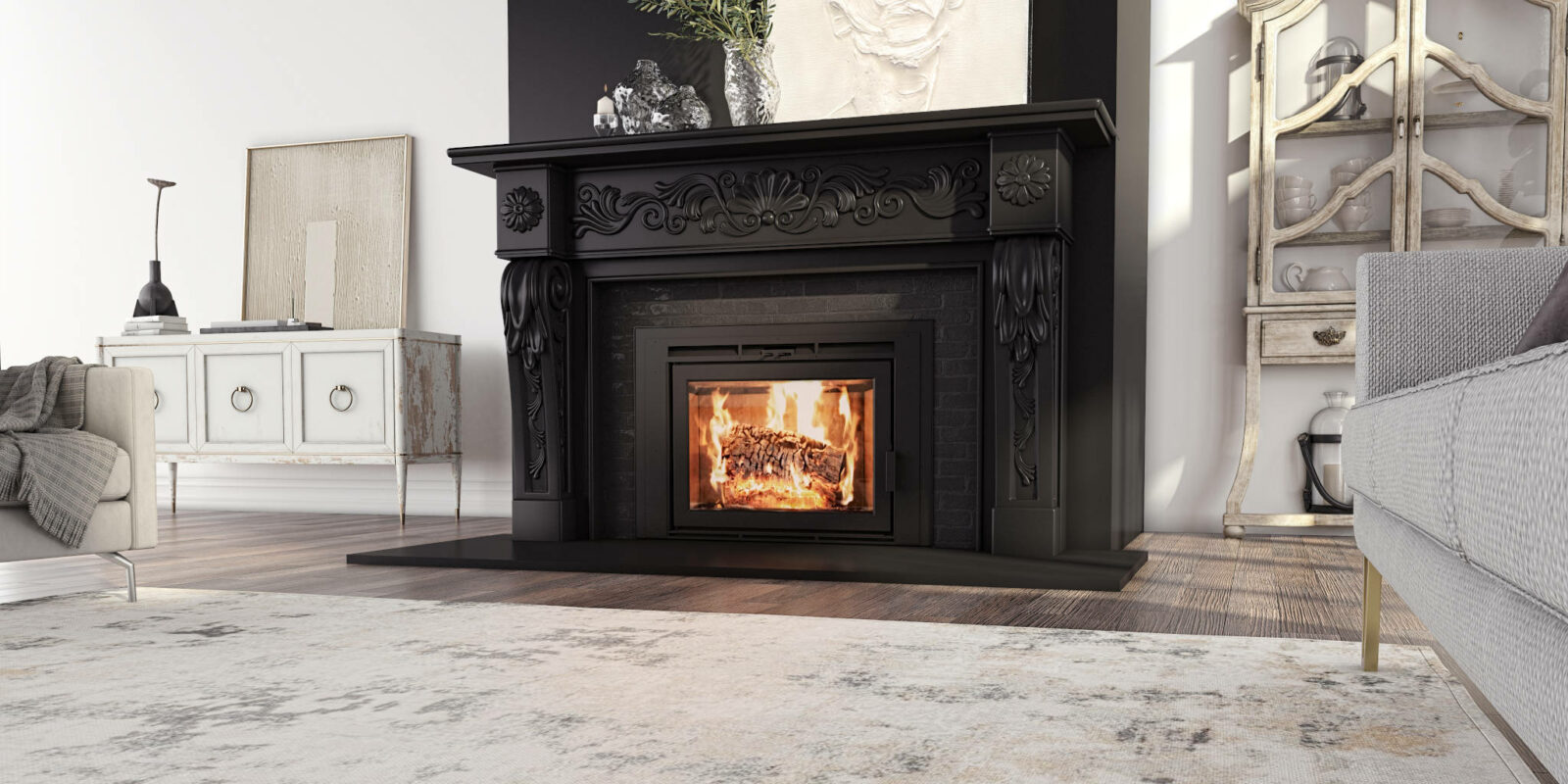Flair® 34 Wood Burning Fireplace Insert with black surround in living room.