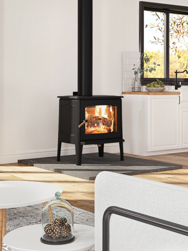 Hipster® 14 Cast Iron Soapstone Wood Stove in white kitchen.