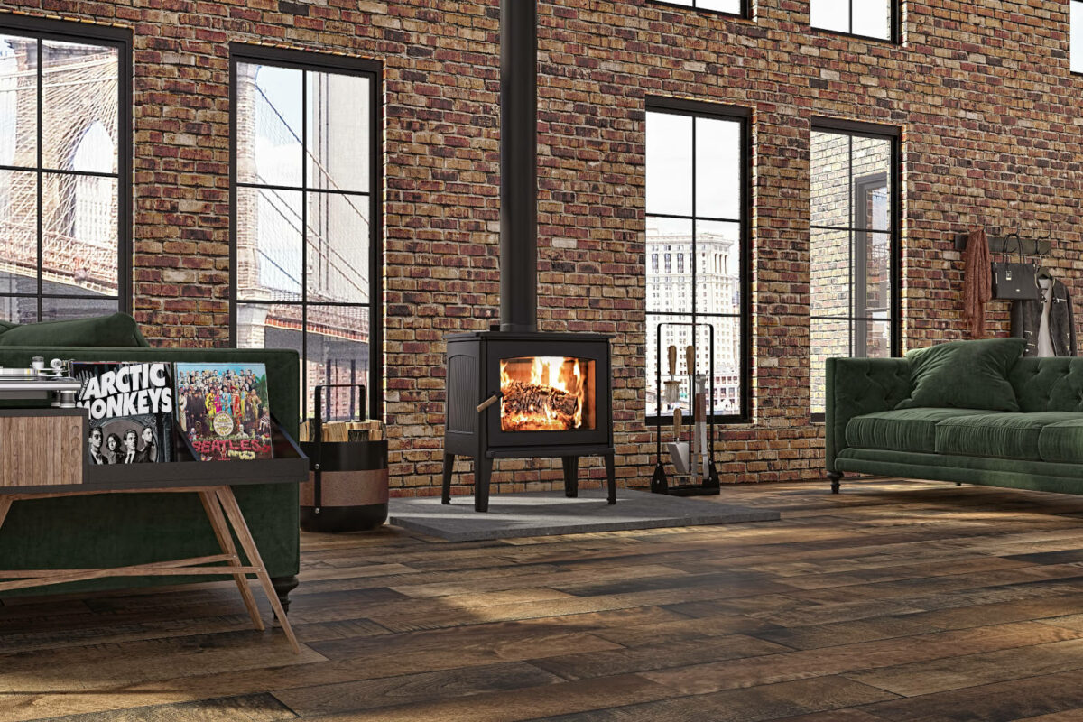 Hipster® 20 Wood Stove in an modern industrial brick apartment.