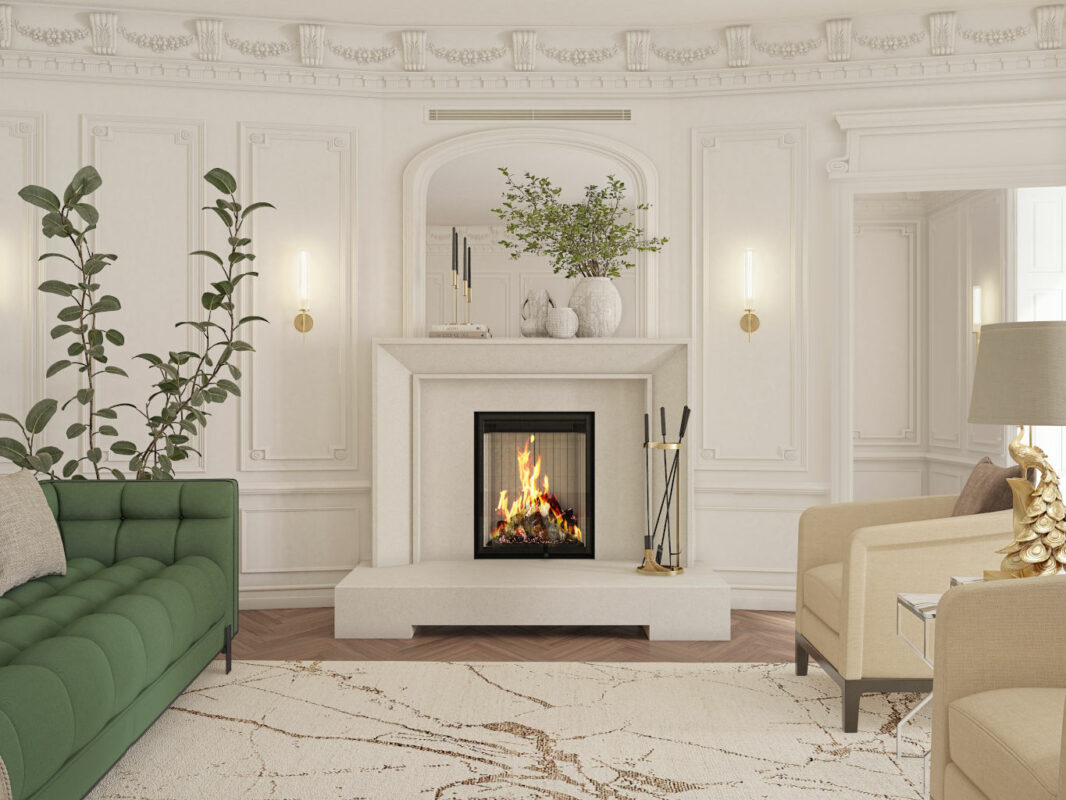 LUXUS® 26 Single-Sided Guillotine Wood Fireplace in an old world white room.