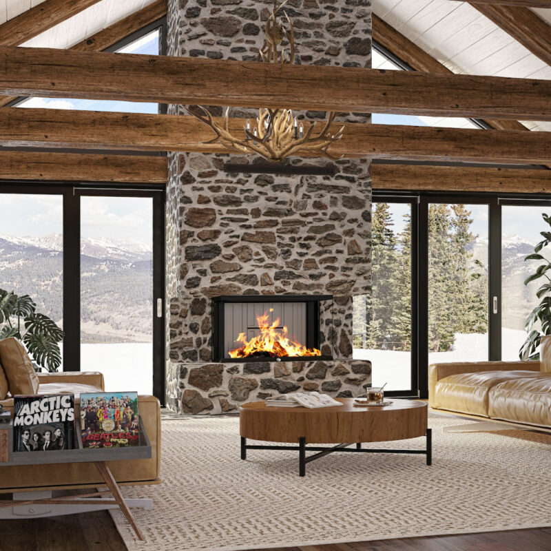LUXUS® 32 Bay Guillotine Wood Fireplace in a hipster cabin.