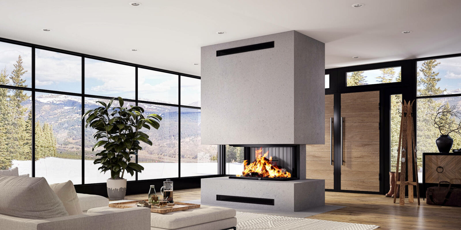LUXUS® 40 Bay Guillotine Wood Fireplace in a cabin living room.