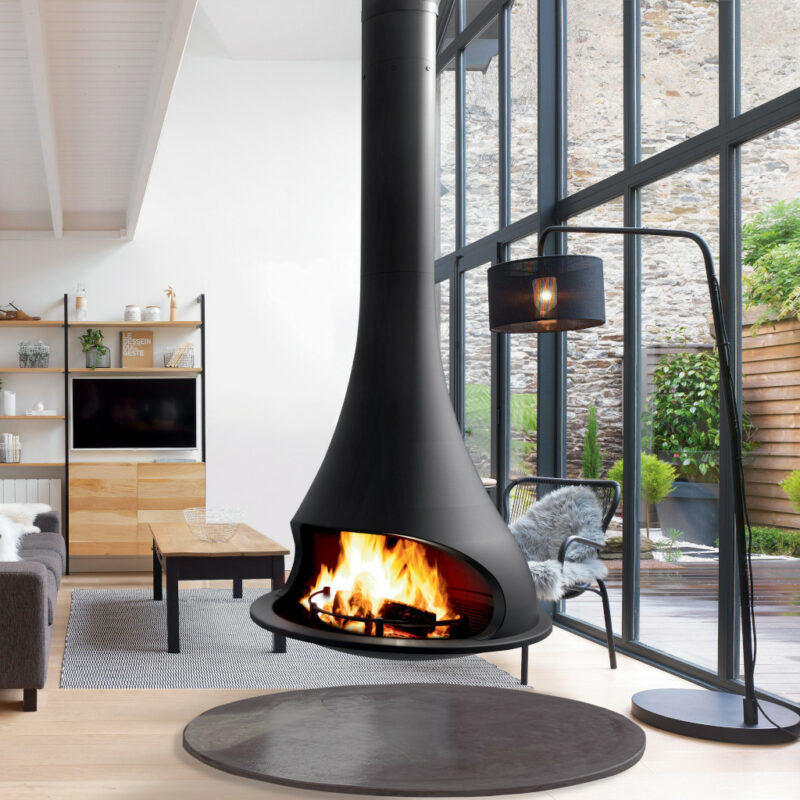 Black JC Bordelet Tatiana Luxury Suspended Fireplace in a family room.